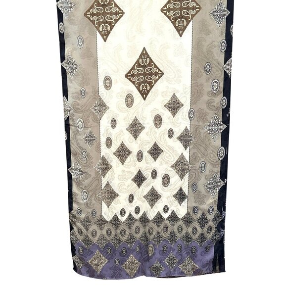 Vintage Oscar de la Renta Purple Tan Paisley Geometric Printed Scarf Hand Rolled - Picture 3 of 3